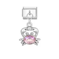 Vista detallada de un amuleto de cangrejo plateado para pulseras italianas con gema rosa - Cangrejo de Piedra Rosa (D940)