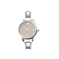 Close-up of minimalist stainless steel watch with a beige concentric circle dial - Complete Watch (watch127) / Silver Case Brown Dial