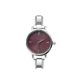 Detail view of round quartz watch with burgundy dial and silver modular steel strap - Complete Watch (watch128) / Silver Case Red Dial