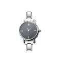 Detail view of a round quartz watch with black textured dial and silver stainless steel band - Complete Watch (watch129) / Silver Case Black Dial
