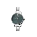 Detailed view of fashion round quartz watch with dark green dial and stainless steel band. - Watch Head / Silver Case Green Dial