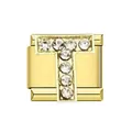 Detailed view of gold-toned Italian charm link with rhinestone letter T design - Letter T