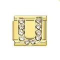 Detail view of gold stainless steel Italian charm featuring rhinestone letter U - Letter U