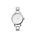 Detail of minimalist round quartz watch with silver stainless steel modular strap - Silver Case White Dial