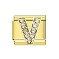 Macro view of gold stainless steel Italian charm with rhinestone letter V detail - Letter V