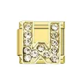 Close-up of gold stainless steel Italian link charm with rhinestone letter W - Letter W
