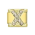 Macro view of a gold-plated stainless steel Italian charm module with rhinestone letter X. - Letter X