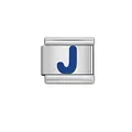 Modular stainless steel Italian charm link featuring a blue alphabet letter J design - Letter J