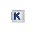 Silver stainless steel Italian charm link with blue capital letter K for DIY modular bracelets - Letter K
