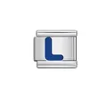 Modular Italian link charm featuring a vibrant blue enamel letter L on silver finish - Letter L
