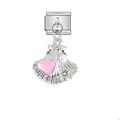 Italienisches Charm-Glied mit Silbermuschel-Anhänger, rosa Herzkristall und Perle - Rosa Herz Perle Muschel Stil (D538)