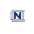 Italian modular charm link featuring a vibrant blue enamel letter N on silver metal base - Letter N