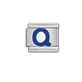 Stainless steel Italian charm link featuring a blue enamel letter Q for DIY bracelets - Letter Q