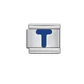 Polished silver Italian modular charm featuring a vibrant blue letter T for DIY - Letter T