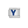 Italian charm bracelet link in stainless steel with blue enamel letter Y design. - Letter Y