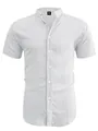 Men's casual white short sleeve shirt featuring a crinkle texture and classic stand collar design - White