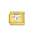 Detailansicht eines goldfarbenen italienischen Armbandmoduls mit klarem Herzkristall - Herz Weißer Strass (Geburtsstein) / Geburtsstein Weiß