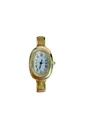 Detailed view of a gold stainless steel watch with oval face and Roman numerals. - Complete Watch (watch221) / Gold