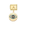 Detailed view of gold Italian charm link with shimmering blue rhinestone evil eye pendant - Inlaid Rhinestone Evil Eye Disc (D825)