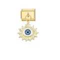 Detailed view of Italian charm pendant with blue evil eye and crystal halo. - Blue Rhinestone Eye Pendant (D824)