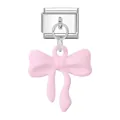 Close-up detail view of a silver stainless steel modular jewelry link with a matte pink bow pendant - Pink Matte Bowknot Style (5)