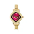 Detailed view of women's diamond quartz watch with magenta dial and gold steel band - Complete Watch / Red