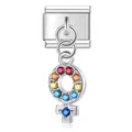 Detail view of silver stainless steel female symbol modular charm with rainbow rhinestones - Rainbow Rhinestone Venus Symbol Pendant (D423)