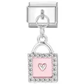 Detail shot of a silver Italian charm link with a pink rhinestone heart lock pendant. - Pink Rhinestone Heart Lock Style (6)