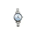 Detail view of a minimalist quartz watch with a light blue sunray dial and silver modular strap - Watch Head / Silver Case Light Blue Dial