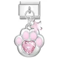 Detailed macro view of a silver modular charm featuring a pink cat paw with heart-shaped crystal - Pink Enamel Cat Paw Style (7)