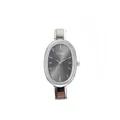 Close-up of minimalist oval quartz watch featuring grey dial and silver stainless steel strap - Complete Watch / Silver Black Dial