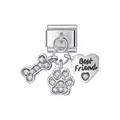 Silver stainless steel dog charm with bone, paw, and Best Friend heart pendant detail - Bone Paw Heart Set Pendant (D426)