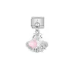 Detailed view of a silver shell charm link with a pink heart stone for modular jewelry. - Scallop Heart (D589)