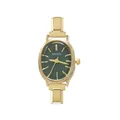 Primo piano di un orologio ovale dorato minimalista con quadrante verde scuro e cinturino - Cassa Dorata Quadrante Verde