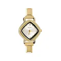 Detailed view of women's gold rhombus quartz watch with stainless steel link band - Complete Watch / White