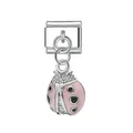Detail of a pink enamel ladybug modular charm in polished stainless steel for DIY bracelets - Pink Enamel Ladybug Pendant (D428)