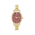 Detalle de un reloj de cuarzo ovalado dorado minimalista con esfera roja elegante - Reloj Completo / Caja Dorada Esfera Roja