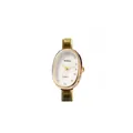 Vista detallada de un reloj de cuarzo ovalado dorado con esfera blanca y diamantes - Esfera Blanca Oro