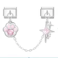 Modular Italian charm pendants with pink paw heart and star crystals on steel chain - Pink Cat Paw Cross Star Double Chain Style (3)