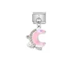 Close-up of pink moon charm on stainless steel Italian bracelet link with crystals - Moon Pearl (D594)