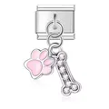 Close-up view of a stainless steel dog paw and crystal bone charm for modular bracelets. - Pink Paw Rhinestone Bone Pendant (D431)