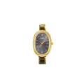 Front view of an elegant women's oval quartz watch with a grey dial and gold band - Complete Watch / Gold Black Dial