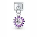 Detail shot of purple enamel daisy charm with crystal on stainless steel modular link - Purple Enamel Daisy Pendant (D432)