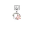 Detailed view of a pink marbled star charm on a silver modular stainless steel link. - Flower Star (D596)