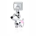 Detailed close-up of a silver stainless steel dalmatian dog charm with pink heart accent - Dalmatian Dog Heart Pendant (D434)