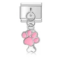 Close-up of silver stainless steel modular charm with pink enamel dog paw and small bone - Pink Paw Small Bone Pendant (D436)
