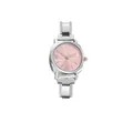 Modern minimalistisch zilverkleurig dameskwartshorloge met een roze sunray wijzerplaat. - Compleet Horloge / Zilveren Kast Roze Wijzerplaat (watch143)