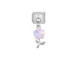 Close-up of pink iridescent flower charm on stainless steel Italian modular link link - Five-Petal Flower AB (D605)