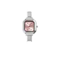 Detailed view of women's quartz watch featuring a pink dial and silver modular band - Complete Watch / Pink