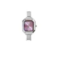 Close-up of women's square quartz watch with purple dial and modular silver band - Complete Watch / Purple